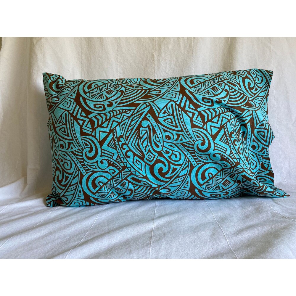 Turquoise Pillowcase with Brown Polynesian Motifs | Handmade | 100% Cotton